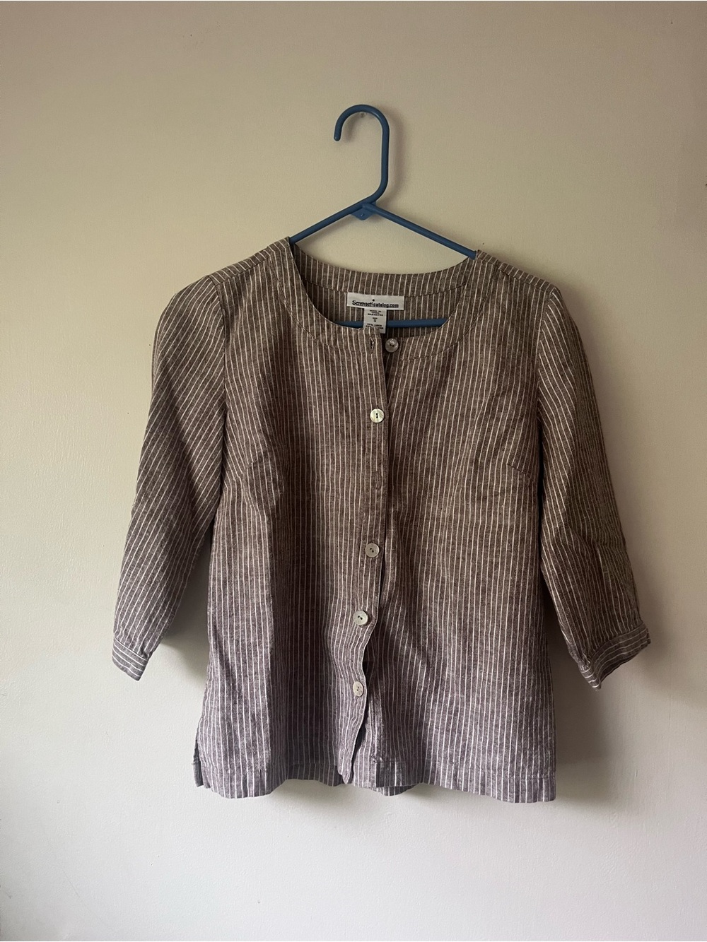 Serengeti Women’s Brown Stripe Linen Button-Front Top w/ Half Sleeves Small